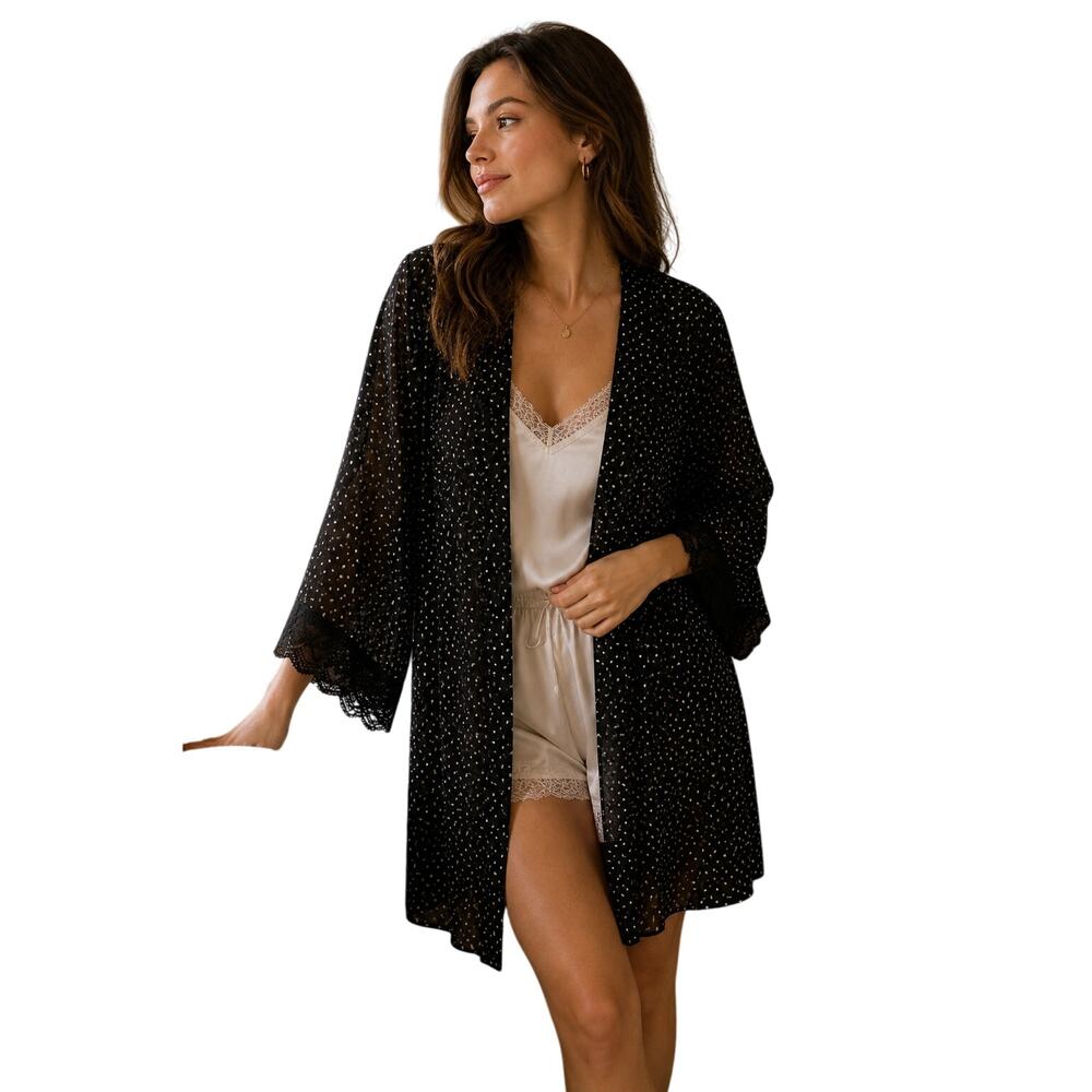 LR1407 Moon Black Polka Dot Kimono Robe Womens L XL Lace Trim